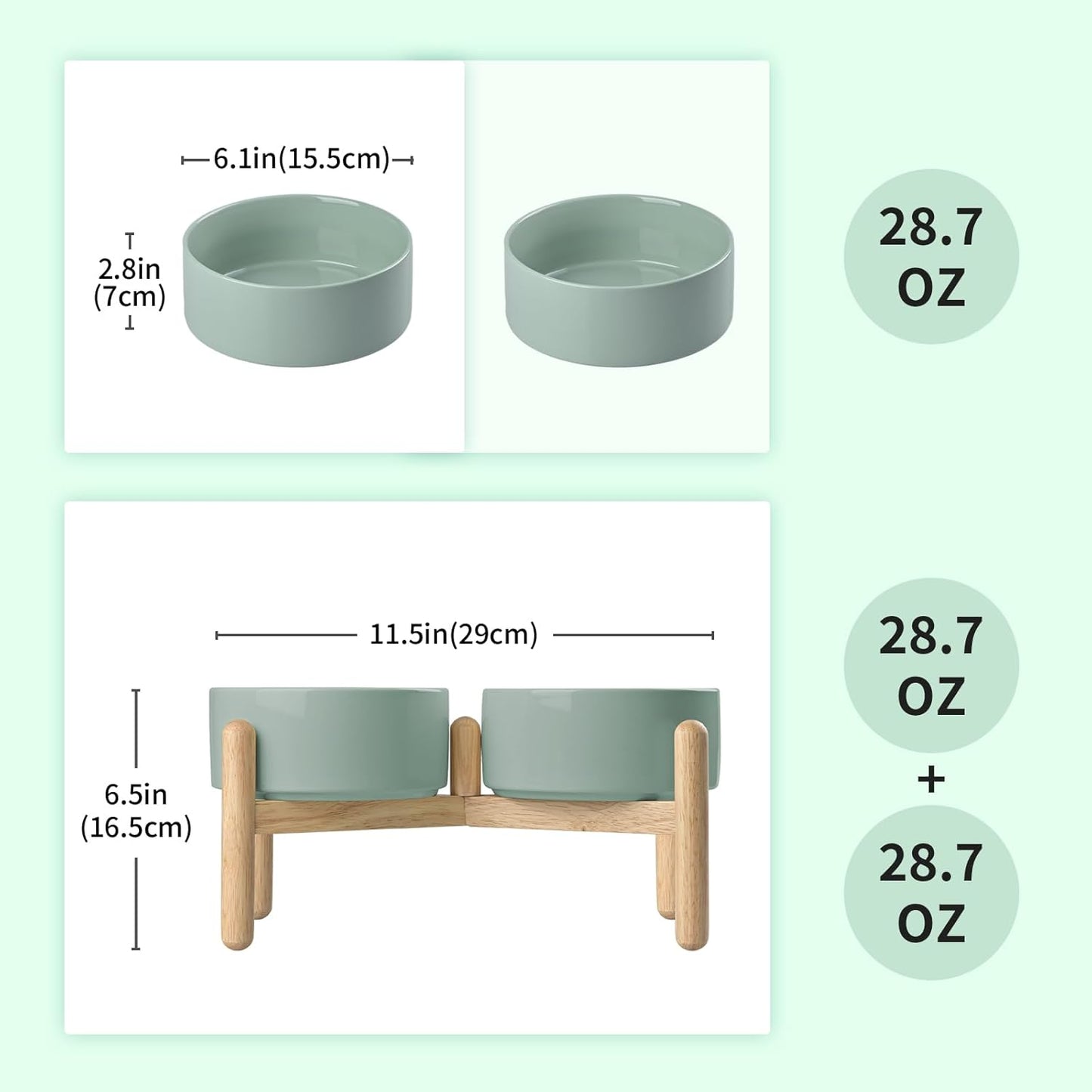 SPUNKYJUNKY Ceramics Raised Dog Bowls with Wooden Stand - Elevated Bowls for Small Medium Dogs (Double 28.7OZ, Light Green)