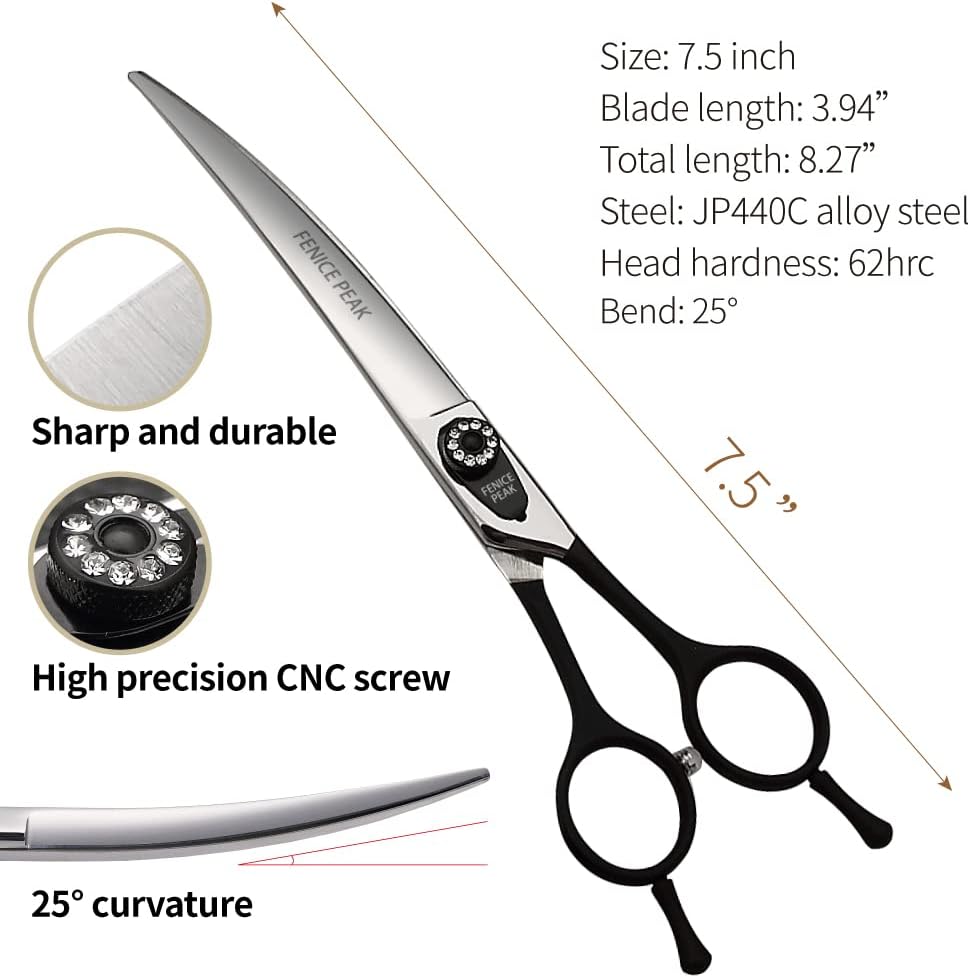 Fenice 7.5" Professional Grooming Scissors for Dogs, Made of Japanese Stainless Steel, Curved Shears (Black)