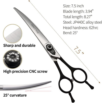 Fenice 7.5" Professional Grooming Scissors for Dogs, Made of Japanese Stainless Steel, Curved Shears (Black)