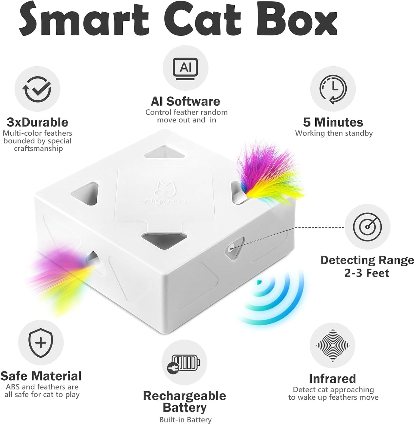 Migipaws Automatic MigiBox Cat Toys 3 n1 Interactive Pounce Mystery Under PopSkin 7 Holes Cardboard Kitten Toys for Indoor Rechargable 6 Accessories(Purple)