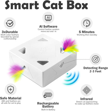 Migipaws Automatic MigiBox Cat Toys 3 n1 Interactive Pounce Mystery Under PopSkin 7 Holes Cardboard Kitten Toys for Indoor Rechargable 6 Accessories(Purple)