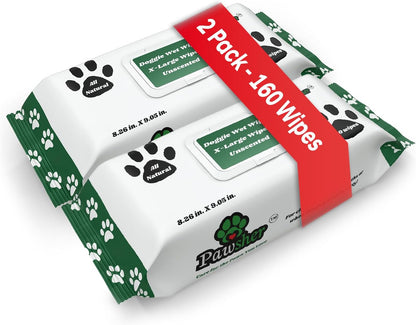 160 Dog Wipes for Paws and Butt - Unscented Dog Wipes Cleaning & Deodorizing - Extra Large, Thick and Chemical Free - Pearl Textured Pet Wipes for Dogs