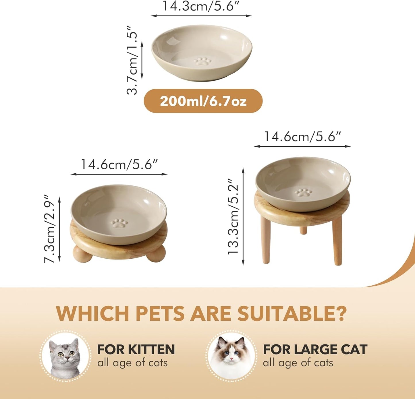 Raised Ceramic Wide Whisker Friendly Cat Dish, Anti-Slip Food&Water Bowl with 2 Style Stand Adjustable Pet Bowl Set (1Dish+Stand, Vintage Latte)