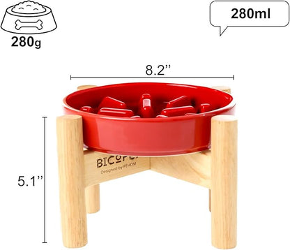 Ceramic Maze Dog Slow Feeder with Non-Slip Silicone Rim (& Bamboo Stand) – Heavy-Duty Stoneware Bowl with Puzzle Pattern for Bloating & Obesity Prevention (Raised-Red-S)