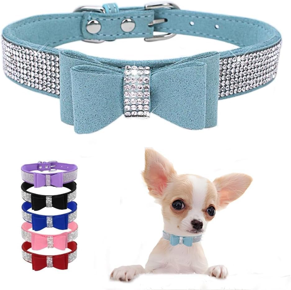 Serijoars Small Dog Collar with Rhinestone Crystal Diamond Colorful Bling Girl Puppy Cat Collars (S, Light Blue1)