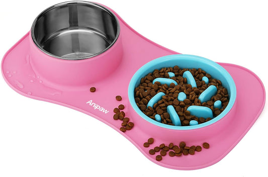Slow Feeder Dog Bowls 3 in 1 Stainless Steel Dog Food and Water Bowls with Non-Spill Non-Skid Silicone Mat to Slow Down Eating for Large Medium Small Breed Size Dogs and Cats