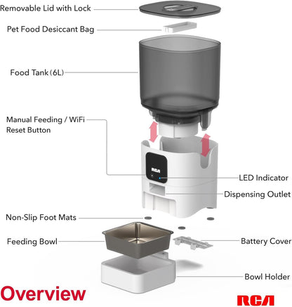 RCA Pet Rabbit, Cat & Dog Feeder, 6-Liters | Smart, WiFi, RCA App Control for Remote Feeding, Dishwasher Safe Bowls, Compatible with Alexa & Google, BPA-Free Materials