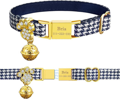 Personalized Breakaway Cat Collars - Magnetic Buckle, Bell - Safety Quick Release, Customized for Girls & Boys Cats- (Houndstooth-Navy)