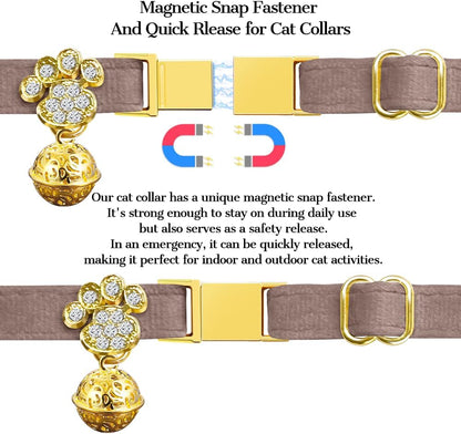 Personalized Breakaway Cat Collars - Magnetic Buckle, Bell - Safety Quick Release, Customized for Girls & Boys Cats- (Velvet-Chocolate)