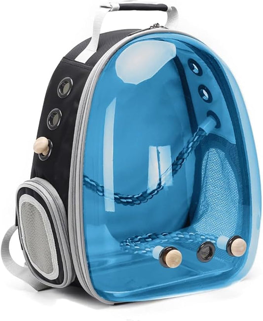 Bird Traval Carrier Cage, Polarized Tinted Blue Space Capsule Astronaut Backpack to Carry Parakeet Cockatiel Parrot with Metal Tray Wood Perch, Vet Transport Bag