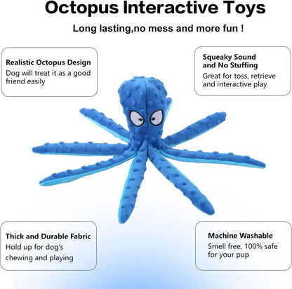 Octopus Squeaky Plush Dog Toys - No Stuffing, Crinkle, Durable for Puppy Teething, Small to Large Dogs, 2 Pack