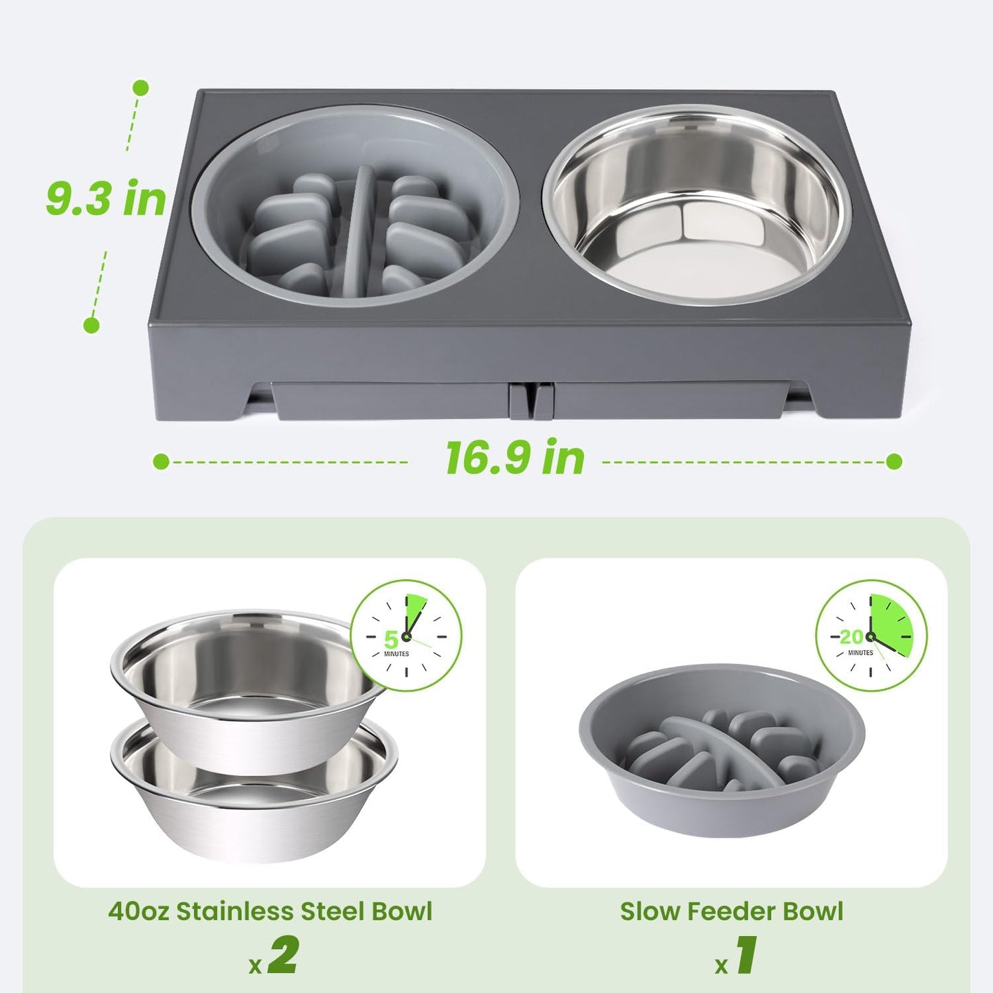 Heeyoo Elevated Dog Bowls - 5 Adjustable Heights Stand, 2 Stainless Steel Bowls & 1 Slow Feeder, Adjusts 3.2" to 12.2" for Small to Large Dogs