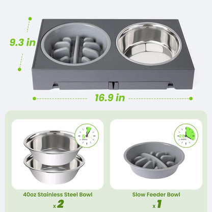 Heeyoo Elevated Dog Bowls - 5 Adjustable Heights Stand, 2 Stainless Steel Bowls & 1 Slow Feeder, Adjusts 3.2" to 12.2" for Small to Large Dogs