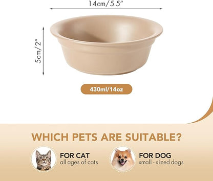 Ceramic 5.5inch Set of 2 Dog and Cat Bowls, 2pcs Basic Food and Water Dishes for Puppy, Kitty, Wide Opening Rounded Edge (2 Bowls, Oat Beige)