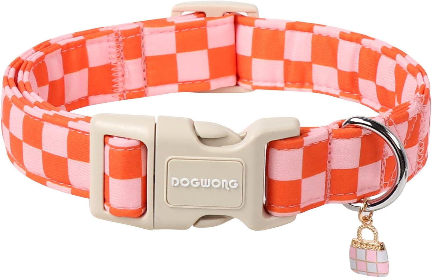DOGWONG Pink Plaid Dog Collar, Pink Girl Dog Collars, Adjustable Cute Pet Collars Girl Design Dog Collar for Small Medium Large Dogs