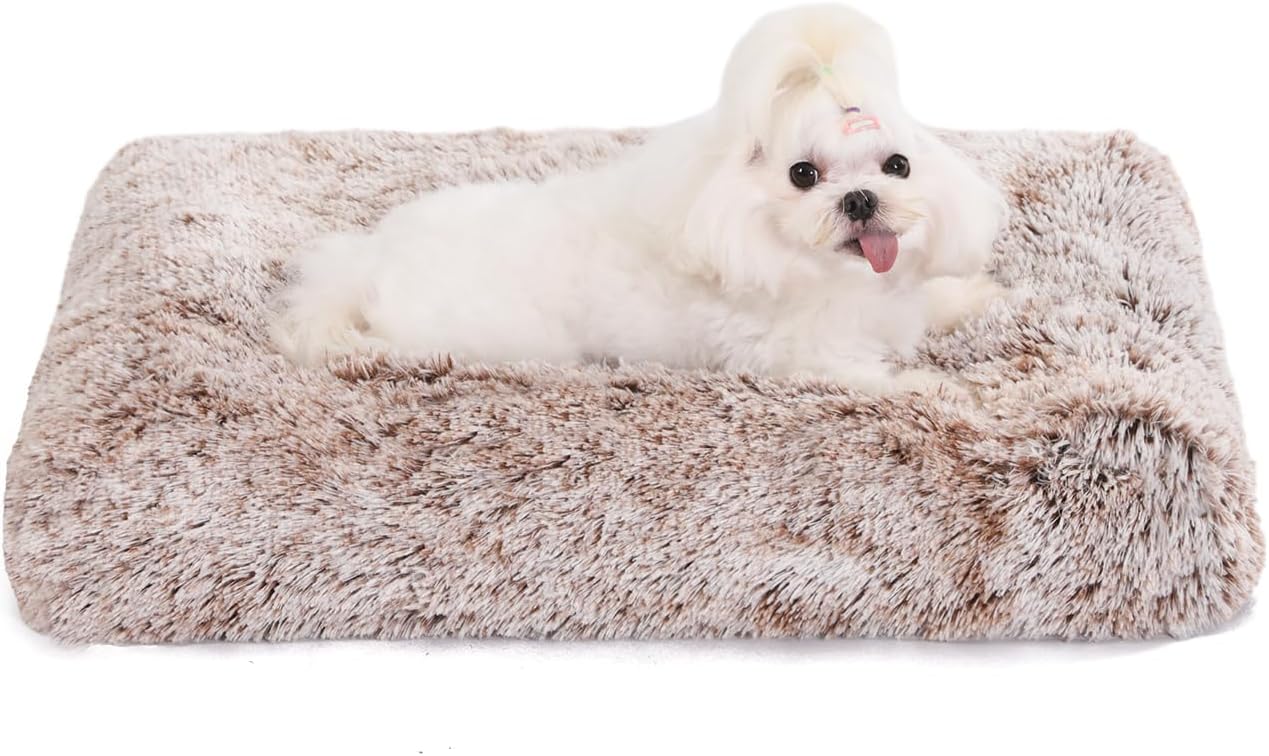 Bedfolks Waterproof Crate Bed, Plush Dog & Cat Bed with Removable Washable Cover, Faux Fur Kennel Pad, 23"x18", Brown