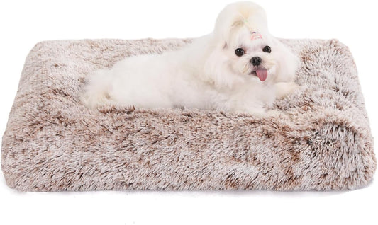 Bedfolks Waterproof Dog Crate Bed, Plush Dog Kennel Pad with Removable Washable Cover, Faux Fur, 17"x12", Brown