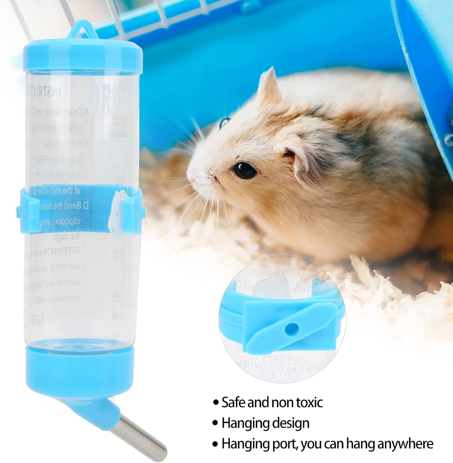 Hamsters Water Bottle, Automatic No Drip Hanging Water Feeder Dispenser for Small Animals Guinea Pig Rat Rabbit Dwarf Gerbil Chinchilla(Blue 250ML)