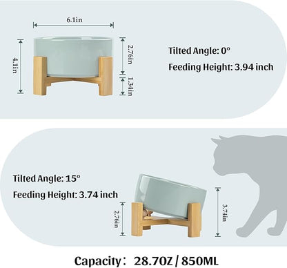 SPUNKYJUNKY 15° Slanted Ceramic Dog and Cat Bowl with Wooden Stand, Tilted Bulldog Food and Water Bowl No Slip Non-Spill for Cats Medium Dogs Big Face Pets 28.7 OZ (3.6 Cups, Morandi Green)