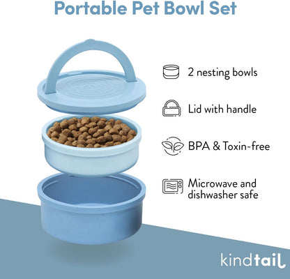 KindTail Dog Travel Bowls - Set of 2 Portable Pet Food & Water Dishes with Lid & Handle - Each Nesting Container Includes a Non-Slip Silicone Base - Microwave & Dishwasher Safe - BPA & Toxin-Free