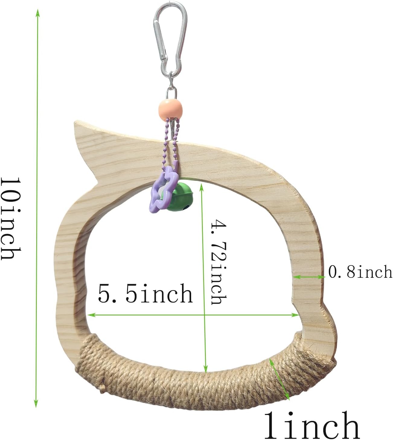 Wooden Bird Swing Perch Toy for Small and Medium Parrots, Natural Wood Ring with Bell and Rope Wrap, Hanging Cage Toy for Cockatiels, Budgies, Lovebirds, Conures