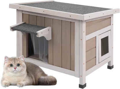 22.44" L Cat House,Feral Cat Shelter for Kittens,Outdoor Weatherproof Cat Enclosure with Openable Asphalt Roof & 2 Escape Doors for Small Cats,Suit for 1-2 Cat,Grey