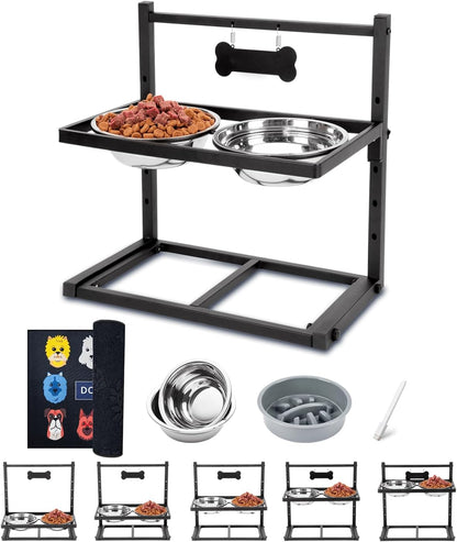 Elevated Dog Bowls with Slow Feeder & Mat, Adjusable Height Raised Dog Bowl Stand with 2 Stainless Steel 1200ML Bowl