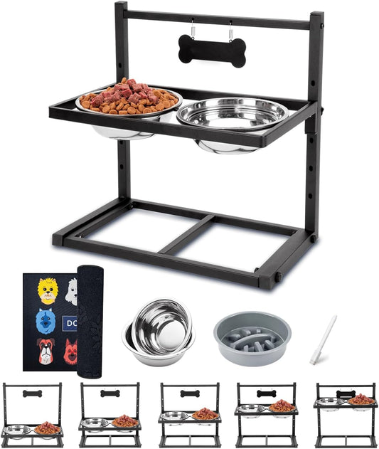 Elevated Dog Bowls with Slow Feeder & Mat, Adjusable Height Raised Dog Bowl Stand with 2 Stainless Steel 1200ML Bowl