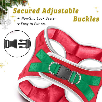 Comfort Fit Christmas Step-in Dog Harness – Festive All-Weather Dog & Puppy Harness | Adjustable, Soft Padded, No-Pull Holiday Vest for Small & Medium Dogs, Easy to Put On, Secure Buckle Fit