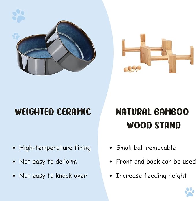SPUNKYJUNKY 15° Slanted Ceramic Dog and Cat Bowl with Wooden Stand, Tilted Bulldog Food and Water Bowl No Slip Non-Spill for Cats Medium Dogs Big Face Pets 13.5 OZ (1.7 Cups, Starry Blue × 2)