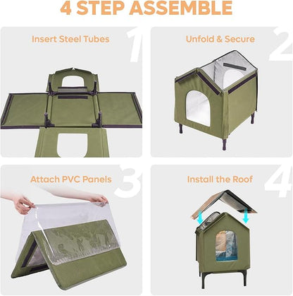 Large Heated Cat House for Outside, Insulated Weatherproof Outdoor Feral Cat House with Timer & Adjustable Temperature Heater Pad, Elevated Pet House with Escape Door for Winter, Barn, Porch