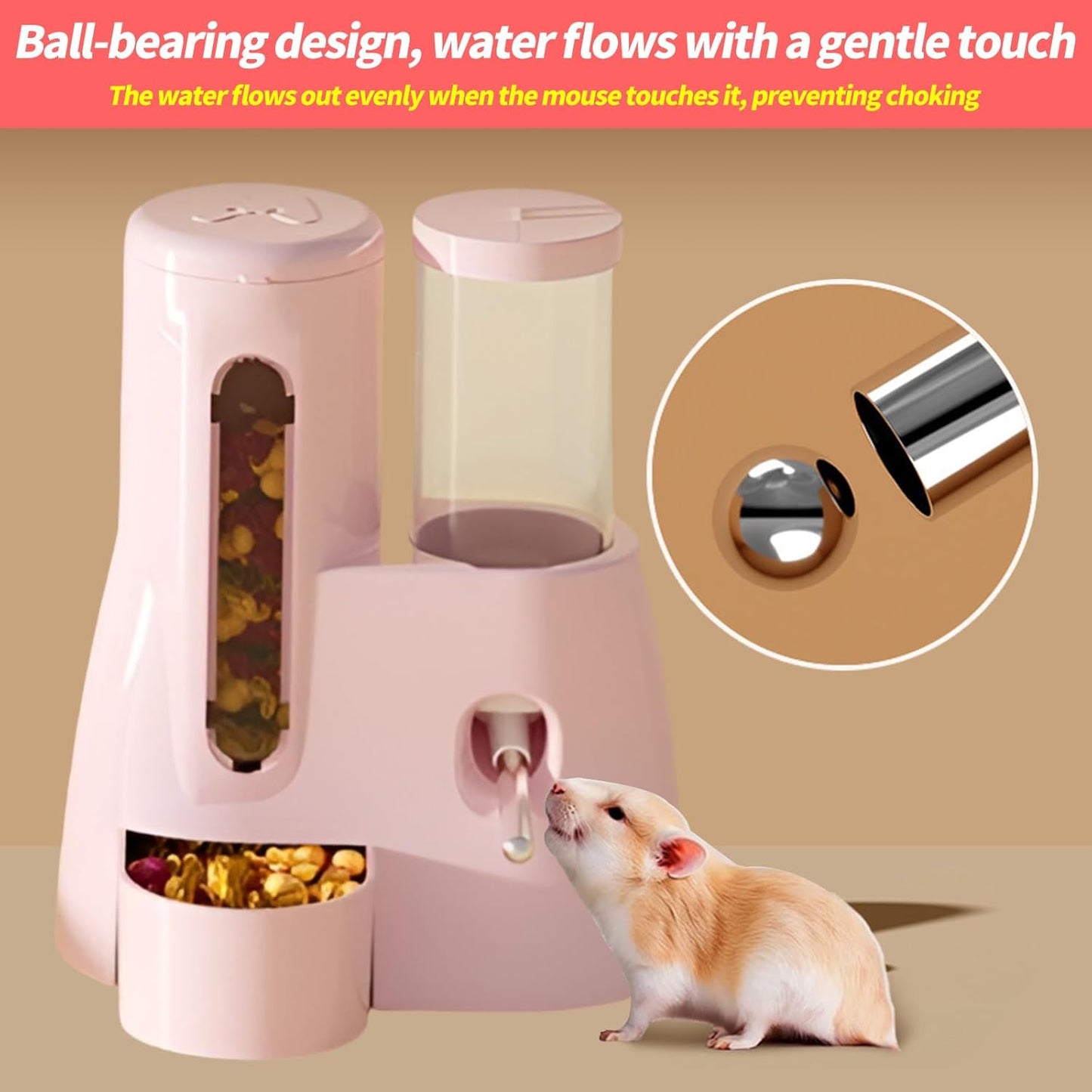 2-in-1 Hamster Water Bottle & Food Dispenser - Leak-Resistant Design for Glass/Wire Cages (120ml/4oz BPA-Free + Double Seal Nozzle) Dwarf Hamster & Mice Essentials (Pink, 6.3×5.1×4.31)