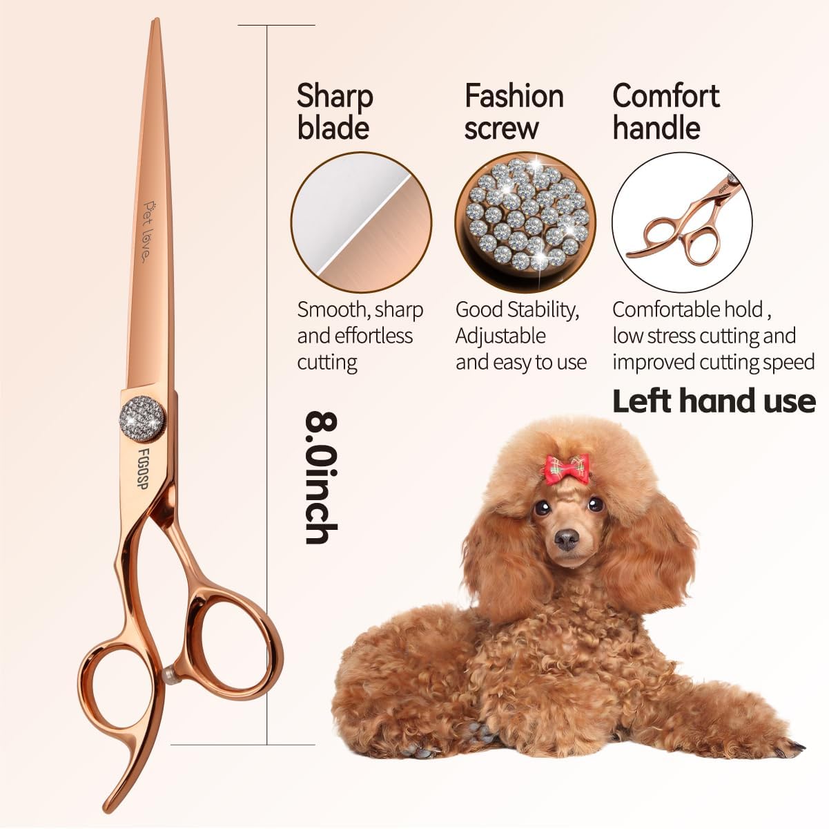 8'' Professional Left Handed Dog Grooming Scissors Straight Long Large Grooming Shears for Dogs Pet Rose Gold Titanium Japan 440C Lefty Hand Dog Hair Cutting Scissors for Poodle(8,Straight)