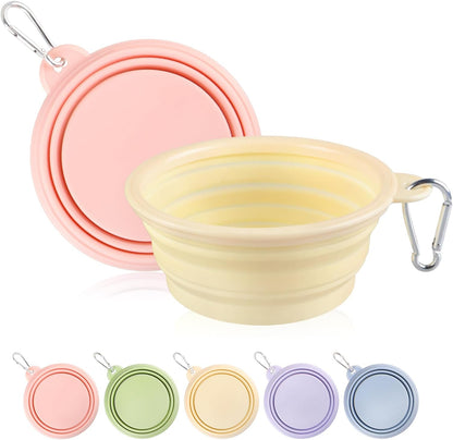Collapsible Dog Bowls 2-Pack, Portable Travel Dog Bowl with Carabiner, Food-Grade Silicone Pet Bowl for Hiking, Walking (Macaron Pink and Yellow)