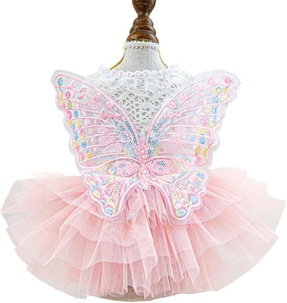 ANIAC Butterfly Dog Dress with Pink Tutu Funny Dog Clothes with Wing Girl Puppy Dress for Small Dogs Pet Butterfly Costume Holiday Cat Outfit for Halloween Birthday Wedding (Pink, Large)
