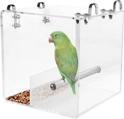 No Mess Bird Feeder for Cage - Automatic Bird Feeder Transparent Food Container Acrylic No Spill Cage Seed Catcher with Stainless Steel Hooks for Parrot Parakeet Cockatiels Lovebirds