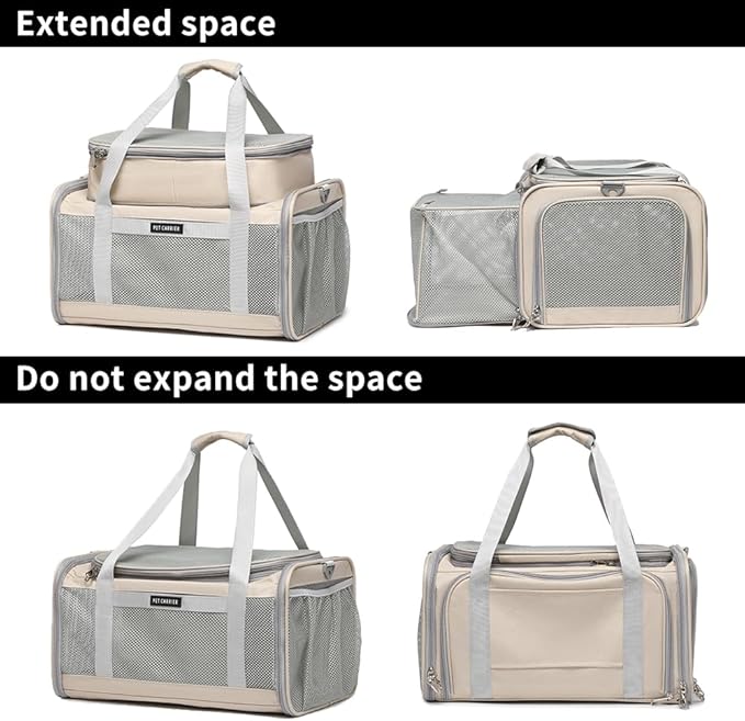 Airline Approved Pet Carrier for Cats and Small Dogs up to 15 lbs, Breathable Mesh, Portable Travel Bag for Bearded Dragon, Puppies Animal Hangbag, Rabbit Cage (Khaki, Expandable)