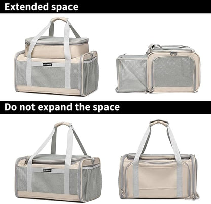 Airline Approved Pet Carrier for Cats and Small Dogs up to 15 lbs, Breathable Mesh, Portable Travel Bag for Bearded Dragon, Puppies Animal Hangbag, Rabbit Cage (Khaki, Expandable)