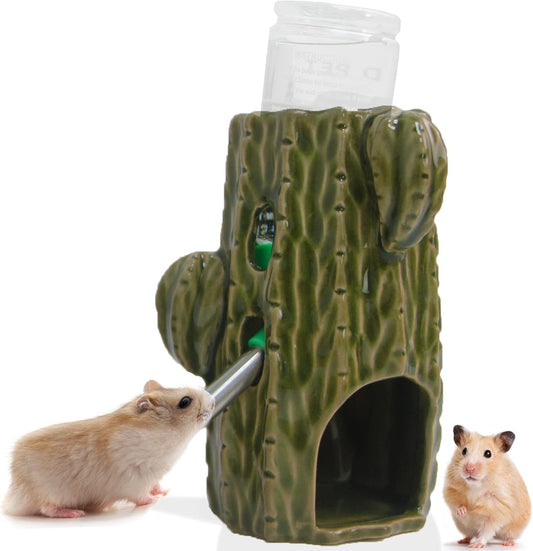 2-in-1 Adjustable Hamster Water Bottle for Glass Tank - 80ML, No Drip Ceramic Holder for Dwarf Hamster, Mice, Rat (Dark Green)