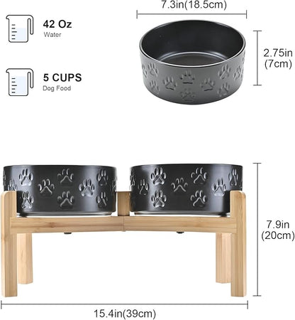 SPUNKYJUNKY Elevated Dog Bowls Ceramic, 7.3'' Dogs Food Water Bowls Raised with Non-Slip Bamboo Stand for Medium to Large Sized Breed Microwave Dishwasher Safe - 42 OZ,Paw Black
