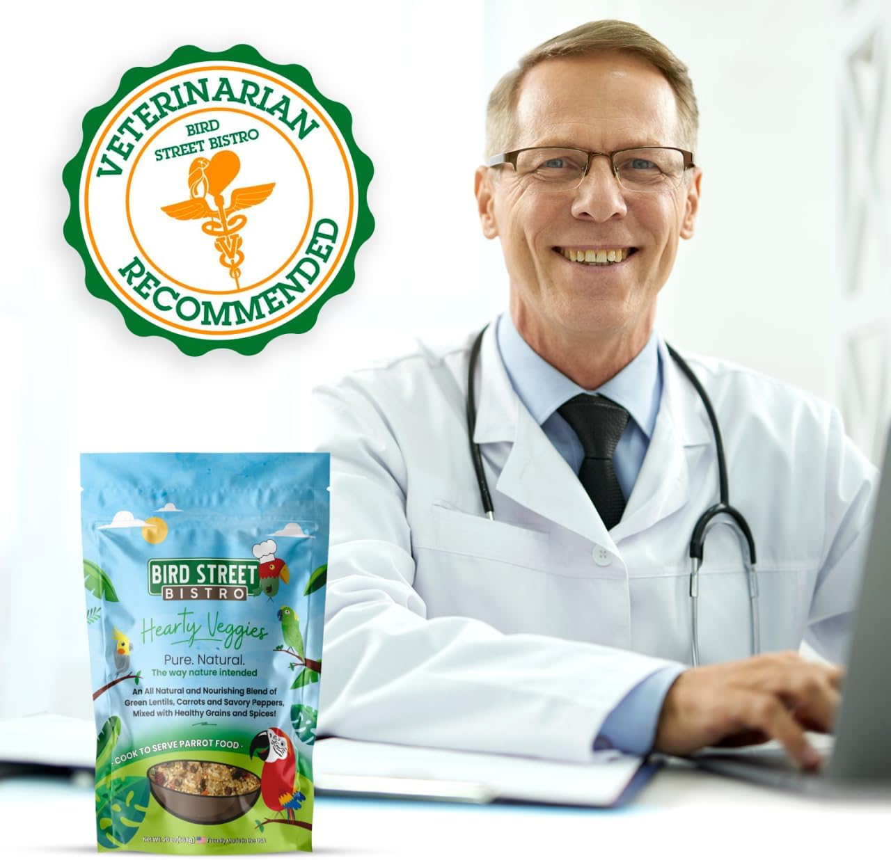 Bird Street Bistro Parrot Food for Parakeets & Cockatiels - Hearty Veggies - 20 oz - Cooks in 3-15 min, Natural & Organic Grains, Fruits & Vegetables - USA Made