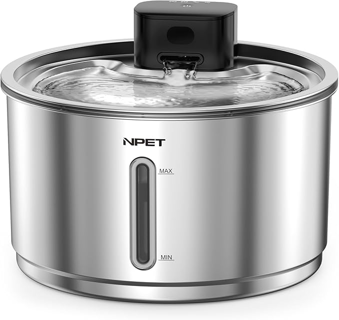 NPET Stainless Steel Wireless Cat Fountain, 1Gallon/135oz Battery Operated Automatic Pet Drinking Fountain - Cordless Dog Water Dispenser with Water Level Window for Cats Indoor