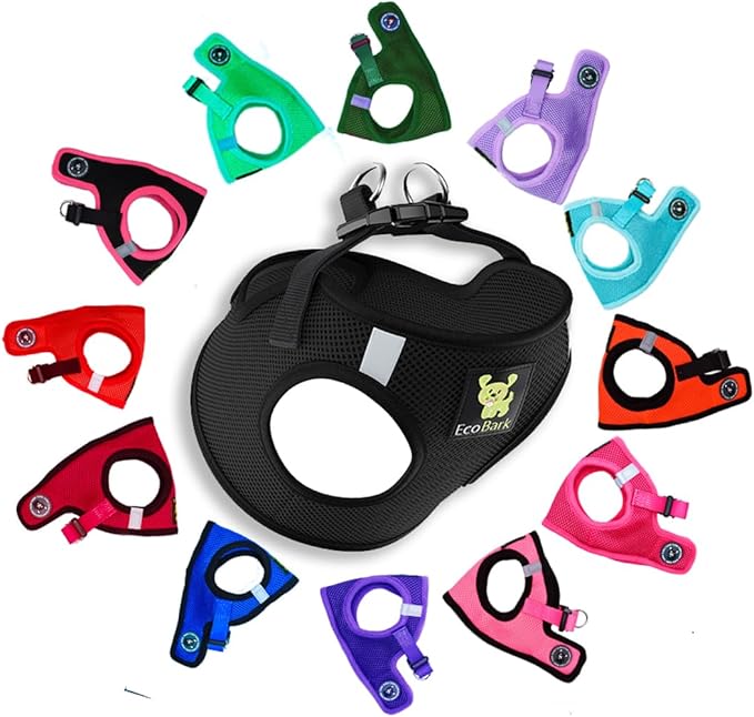 EcoBark Step in Dog Harness - Eco-Friendly Small Breed Harnesses for Small and Medium Dogs - Reflective and Adjustable Mini Body Halter Vest -Tiny Soft Mesh Toy Breed Harness (Black, Large)