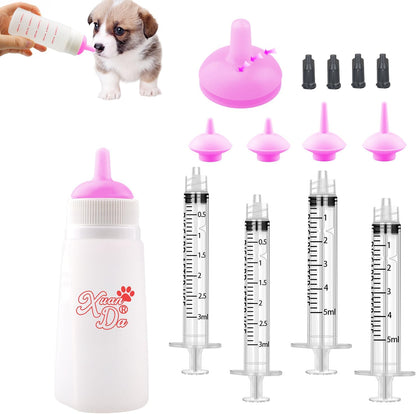 Kitten Bottle Feeding kit with Feeding Nipple and Syringe, Soft Silicone Nursing Pet Feeding Bottle, Ventilation Valve Resistant Tearing for Small Puppies, Kittens, Rabbit (L Nipple-Pink)