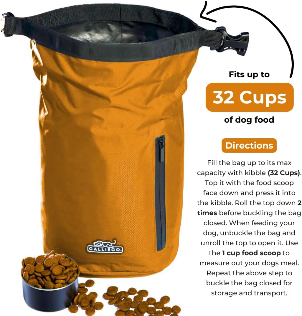 Callieco Dog Food Travel Bag w/ 1 Cup Scoop and Zipper Side Pocket | Waterproof Kibble Storage Container for Home, Road Trips, Camping, Boarding and More (Orange, 32 Cups)