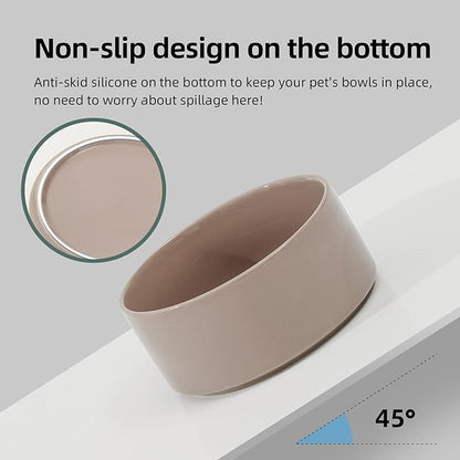 Ceramic 7.3inch Raised Dog Bowl Set, Elevated with Wooden Stand, Food and Water Bowl for Medium Breed Dogs, Weighted Dog Dishes, Pet Feeder(Brown Coffee)