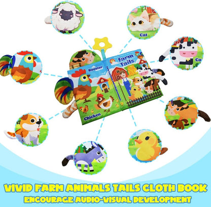 Musical Red Barn Farm Animal Toys with Tails Baby Book, Educational Preschool Farm Animals Finger Puppet for Toddlers 1-3, Montessori Learning Toys Christmas Birthday Gift for Boys Girls 12-18 Months