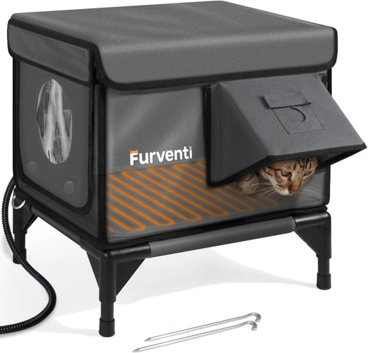 Outdoor Heated Cat House in Winter,Extremely Insulated & Weatherproof,Elevated Feral Cat Shelter with Waterproof Eaves & Escape Door for Outside Stray Barn Cat (Dark Grey,S)