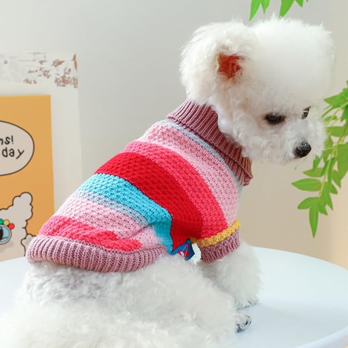 Rainbow Puppy Sweater for Small Dog Pullover Knitted Dog Sweatshirt Cable Cat Knitwear Warm Pet Clothes for Kitten Chihuahua Yorkie Toy Poodle (Rainbow, Large)