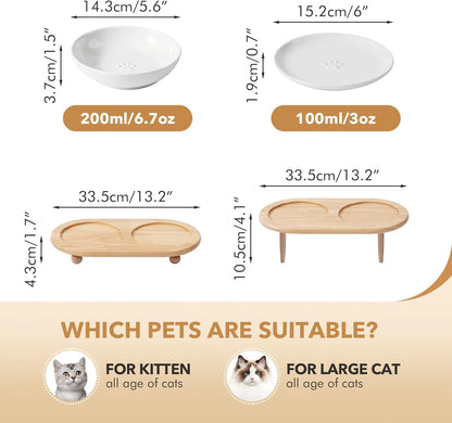 Raised Ceramic Wide Whisker Friendly Cat Dishes, Food& Water Bowl with 2 Style Stand Adjustable Raised Pet Bowl Set(2Dish+2Shallow Dish+Stand, White